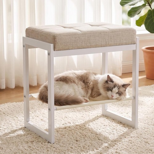 Beige white linen - linen, stool